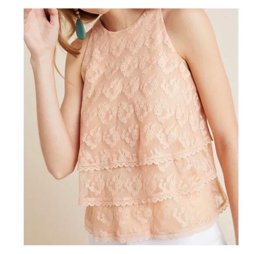 Anthropologie Lace Tiered Sleeveless Blouse Top Women’s Size 2 Peach Lined